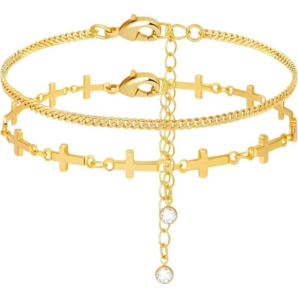 Gold-Style 14 Dainty Stack Cuban Cross, Rope Bracelets Jewelry Gifts for Women - Picture 1 of 8